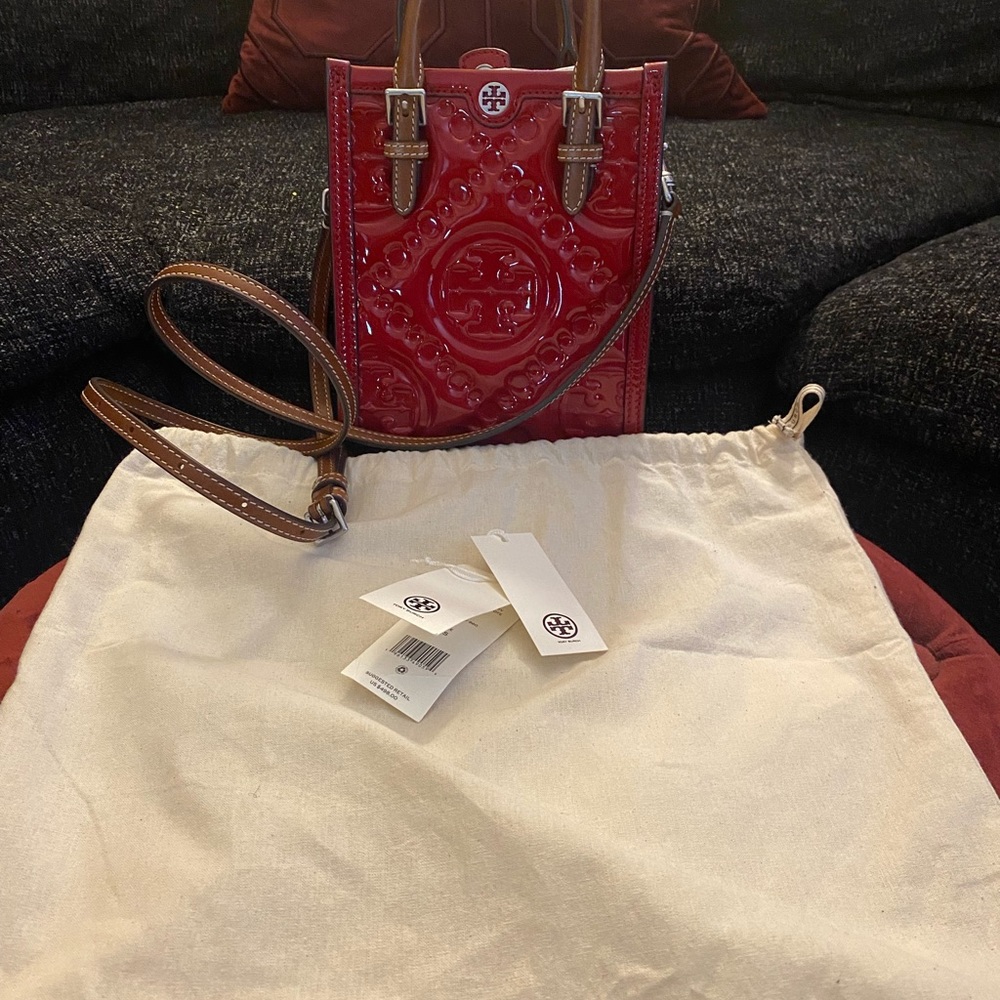 Tory Burch Mini T Monogram Embossed Patent Leather Crossbody Tote